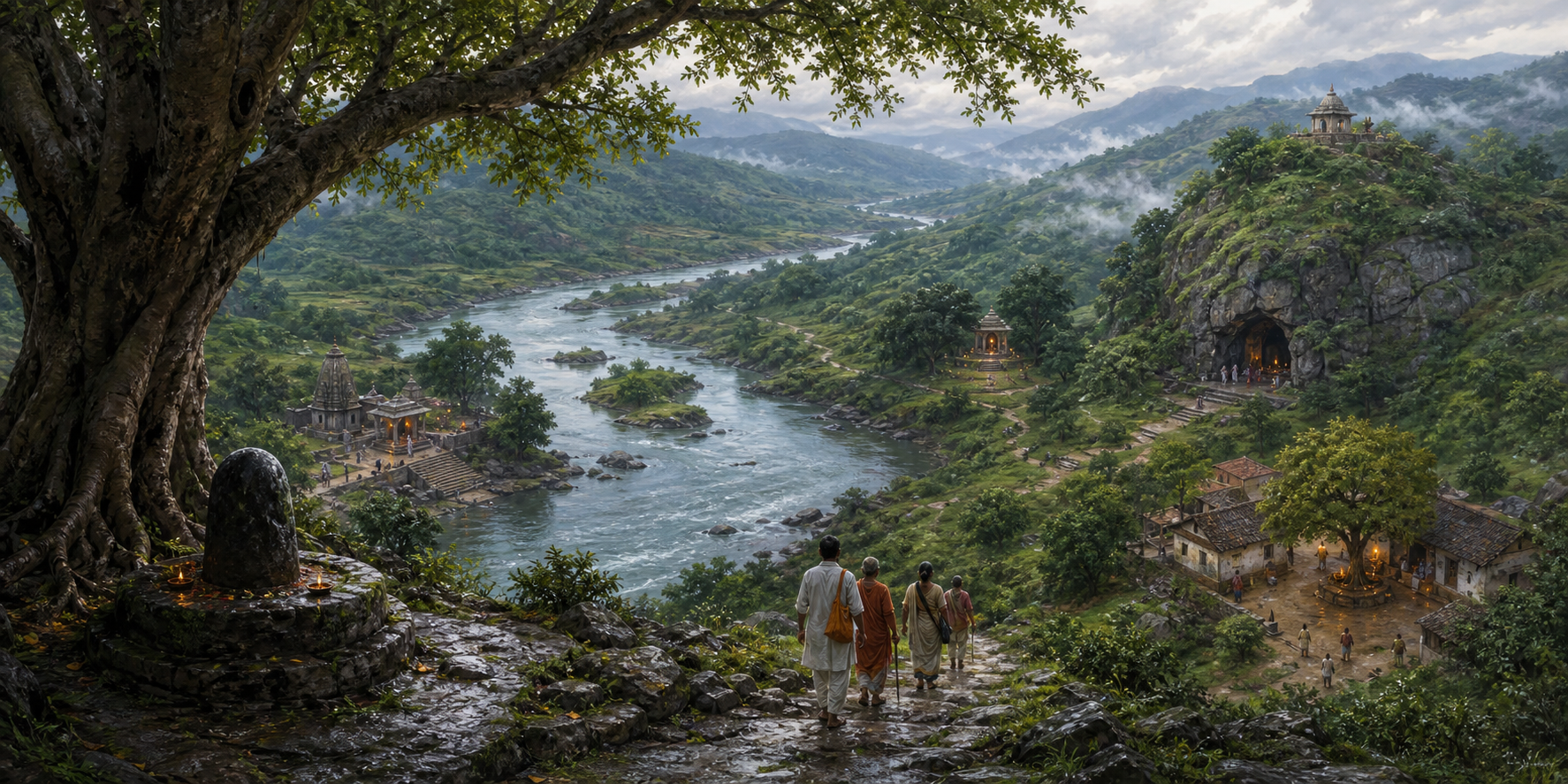 Pilgrims follow a river path through forests and hills where small Shiva shrines appear beneath a tree, beside the water, in a cave, and near a village.
