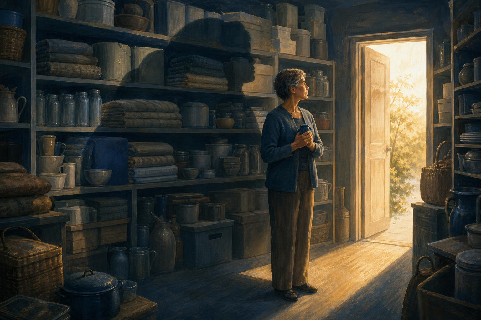 A person holds a small object in a crowded storage room while stacked household goods cast a shelter-like shadow and an open doorway admits warm light.