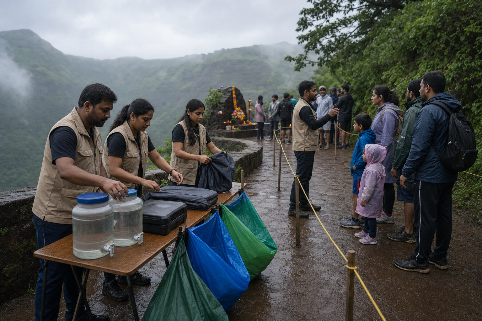 Volunteers prepare water, first-aid supplies, waste bags, and a clear walking route for a mountain-pass commemoration.