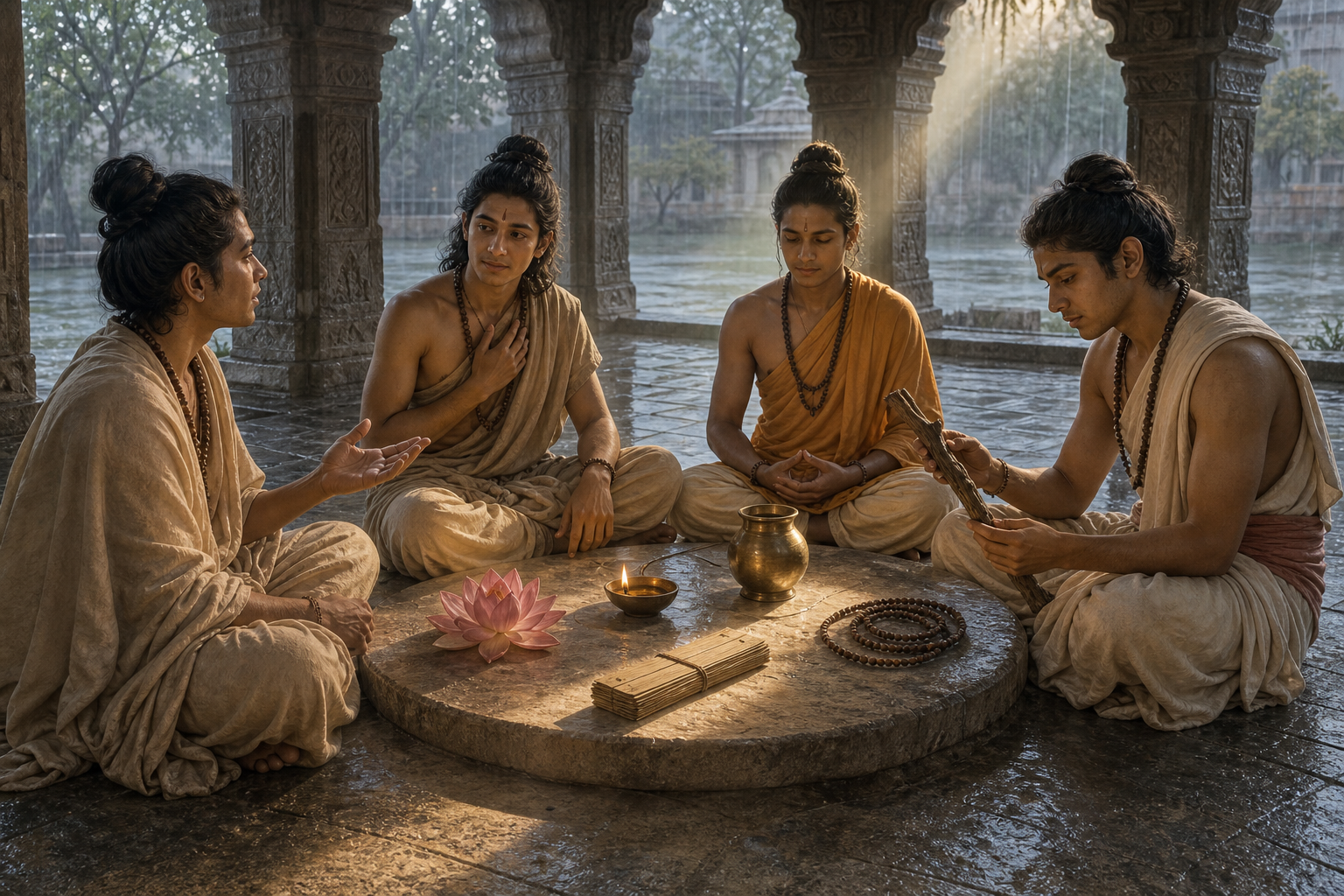 Four youthful sages examine a lotus, lamp, vessel, prayer beads, palm leaves, and a knotted branch in an open pavilion.