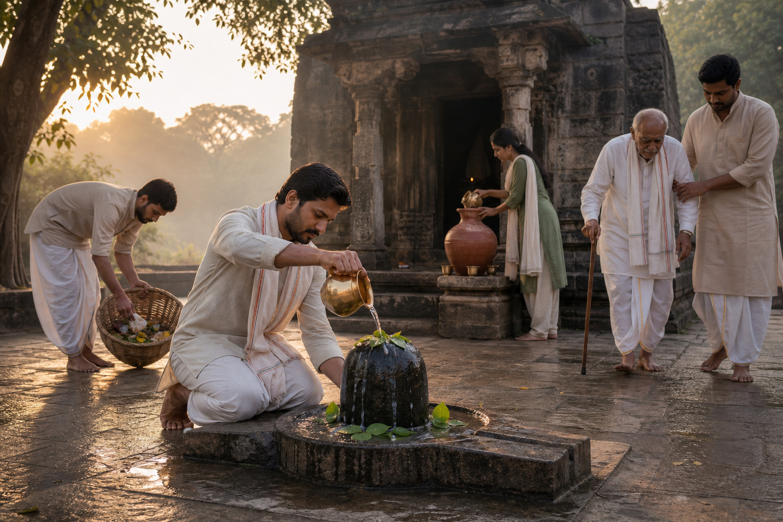 A pilgrim pours water over a stone Shiva linga while companions clean the shrine area, refill a clay water pot, and make way for an elderly worshipper.
