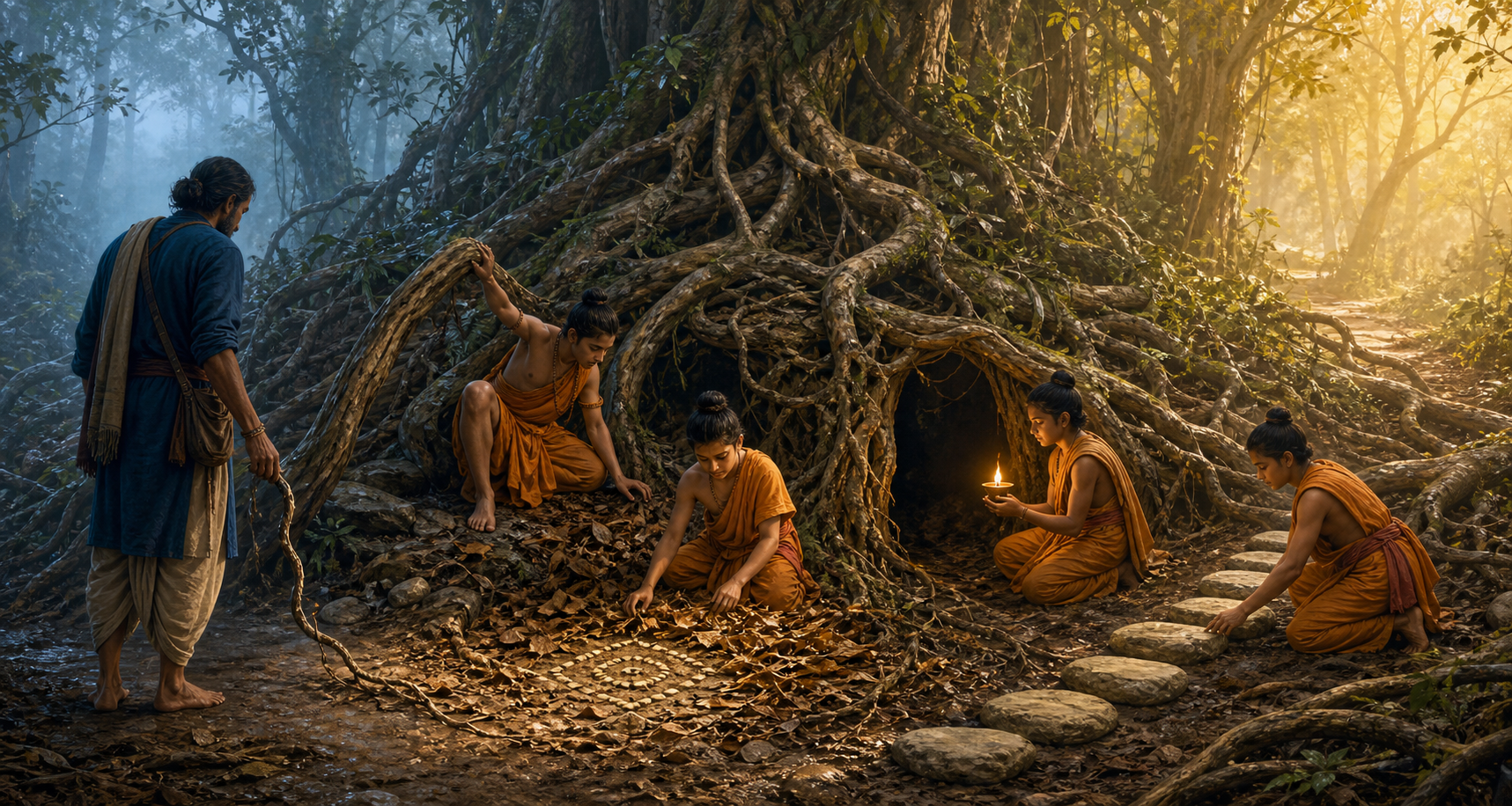 Four youthful sages help an adult seeker examine tangled roots, illuminate a hollow, release a vine, and place stepping stones along a forest path.