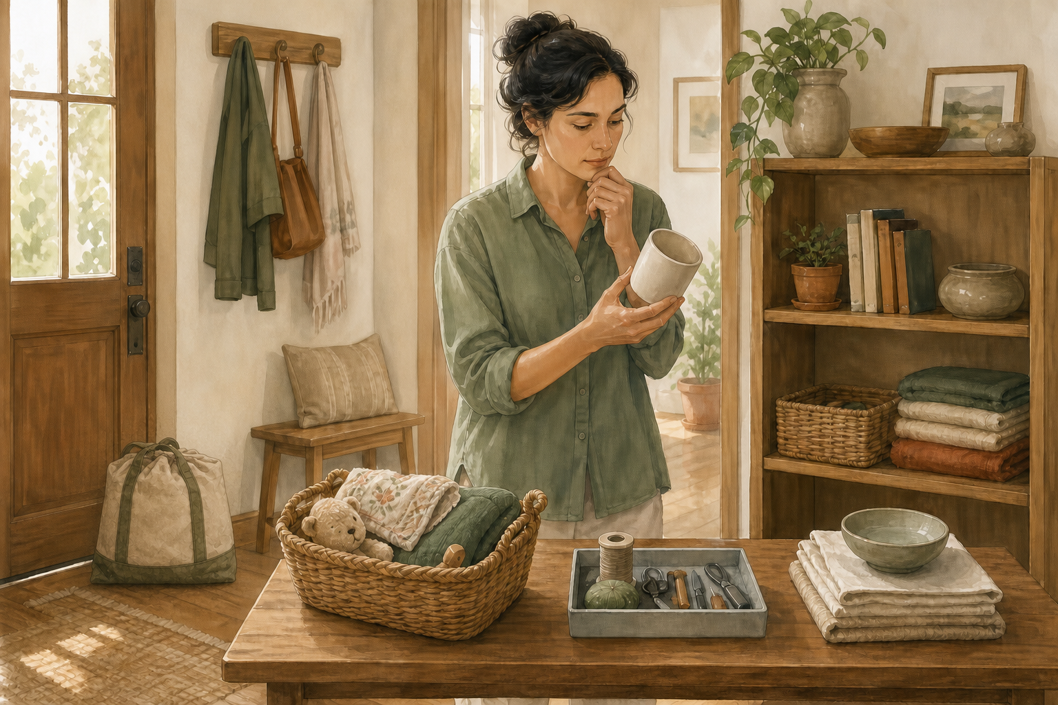 A person sorts a ceramic cup at an entryway table beside an orderly shelf, a basket of items to give away, and a tray of repair tools.