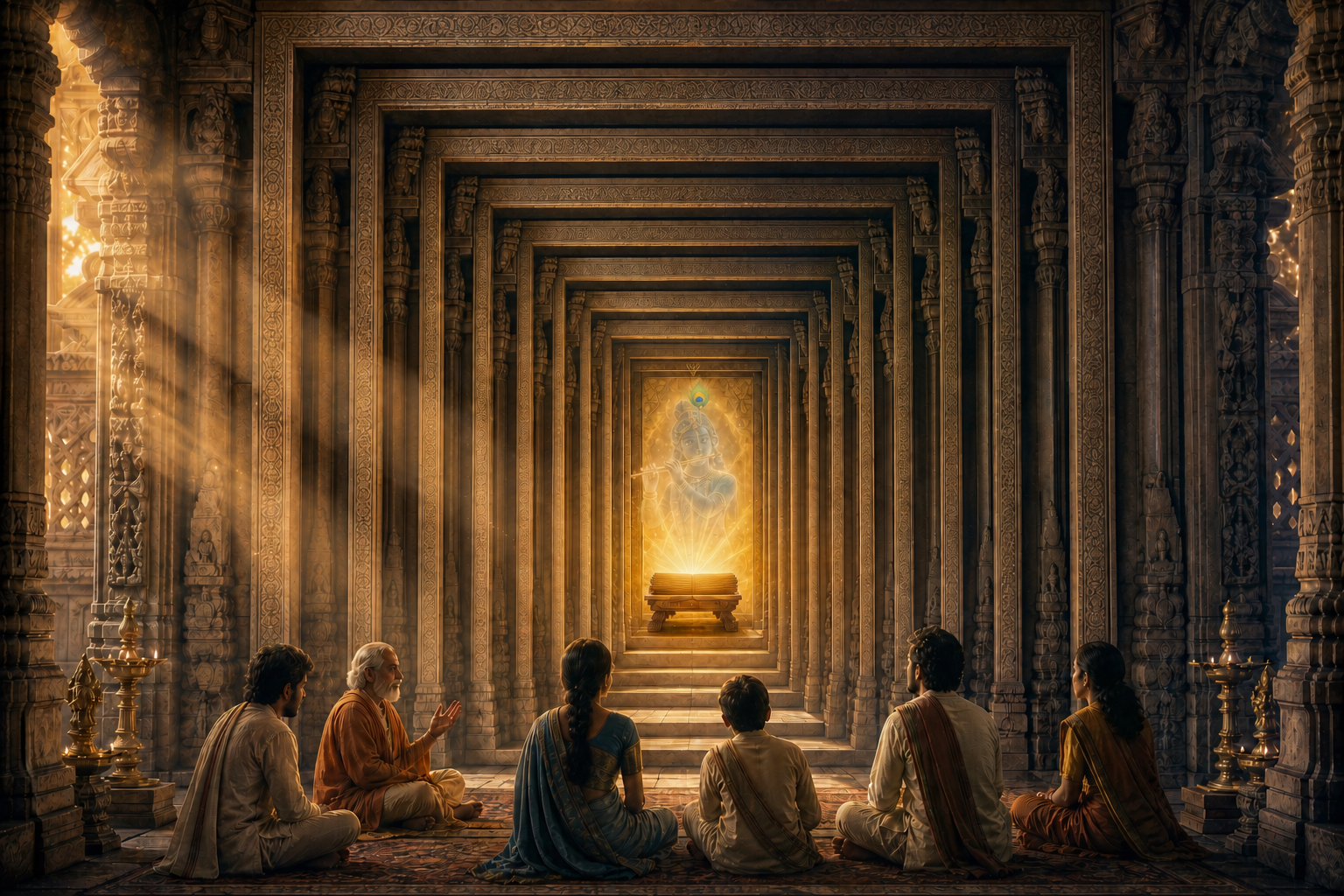 Twelve temple portals lead toward an illuminated palm-leaf scripture in a sanctuary, with seated listeners and a subtle blue figure of Krishna above it.