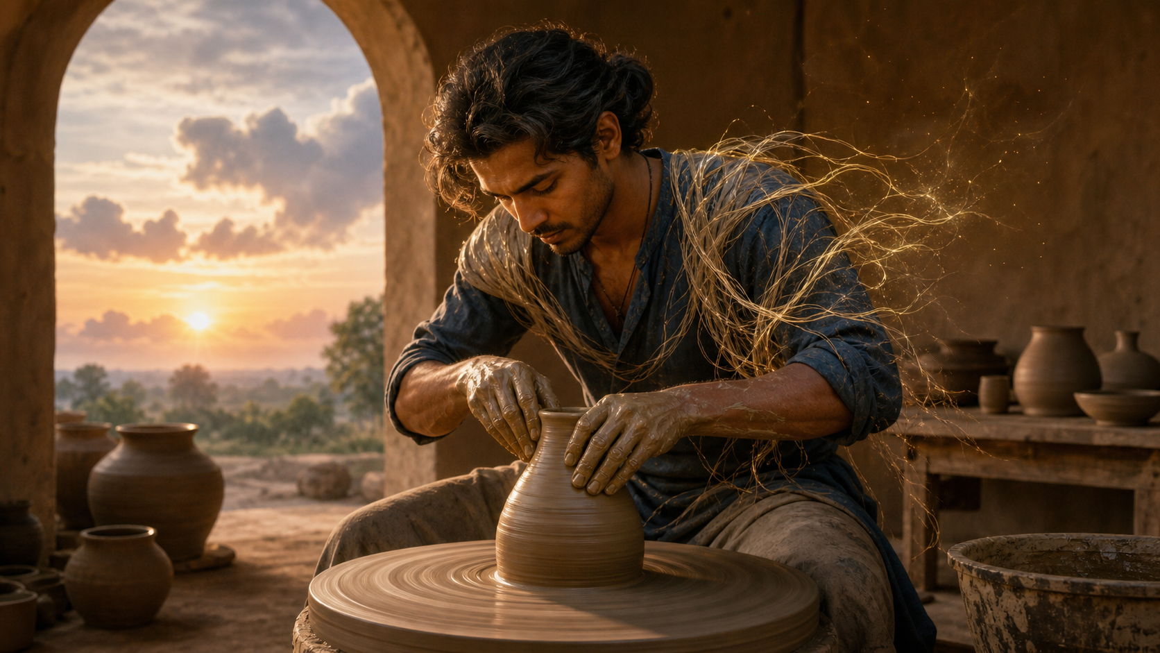 A craftsperson shapes clay on a pottery wheel as a translucent tangle of cords falls away from their shoulders in a sunlit studio.