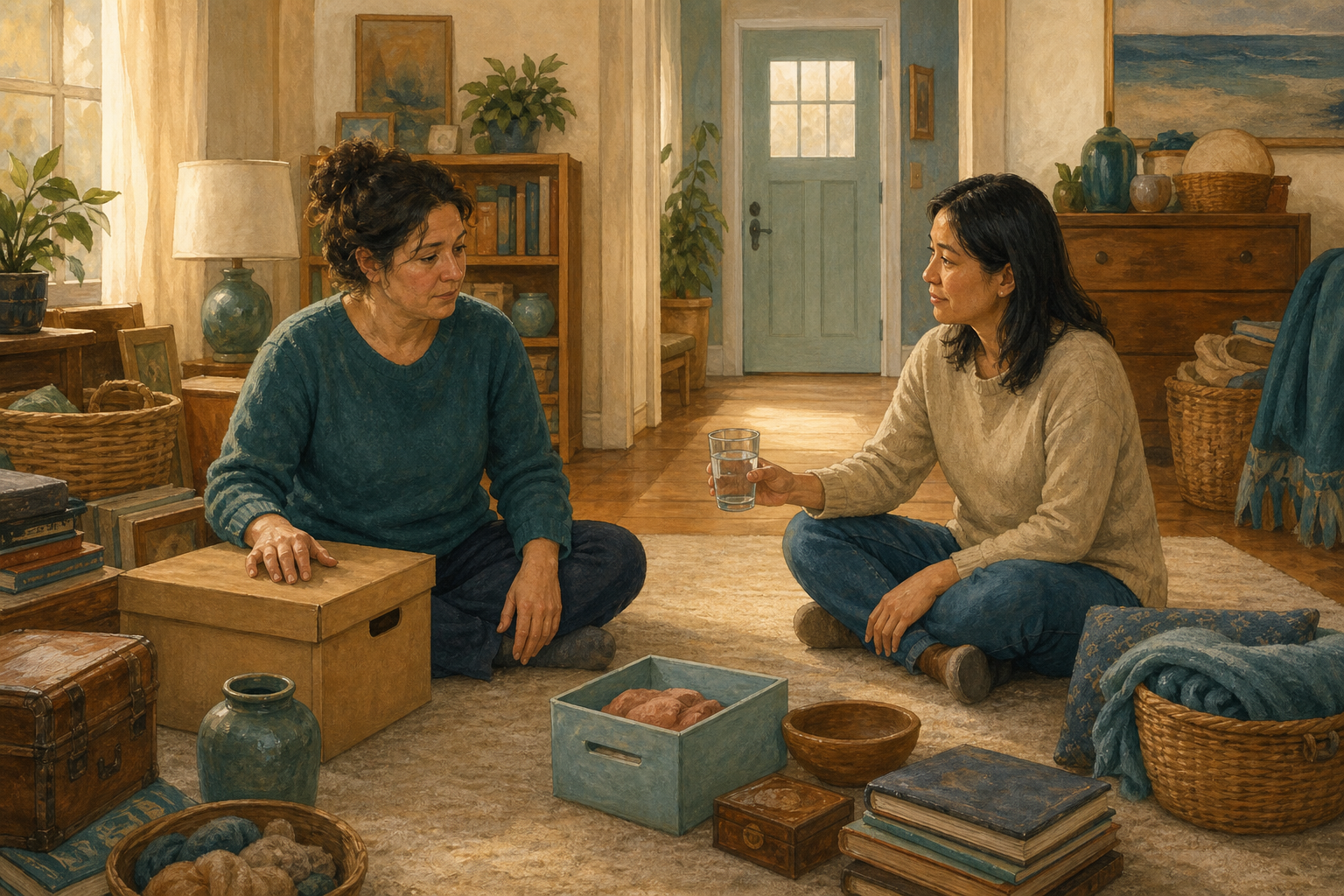 Two adults sit together in a room with many possessions; one rests a hand on a closed box while the other offers water and listens.