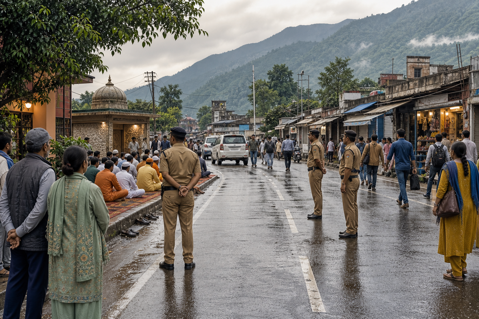 Police maintain an open traffic lane beside a small roadside prayer gathering as pedestrians, commuters, shopkeepers and residents share a Dehradun street.