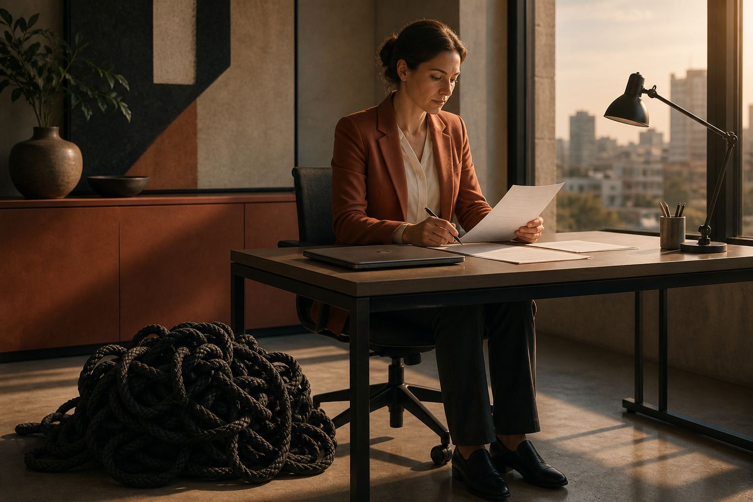 A professional works attentively at a desk while a large bundle of knotted ropes lies on the floor beside the chair.