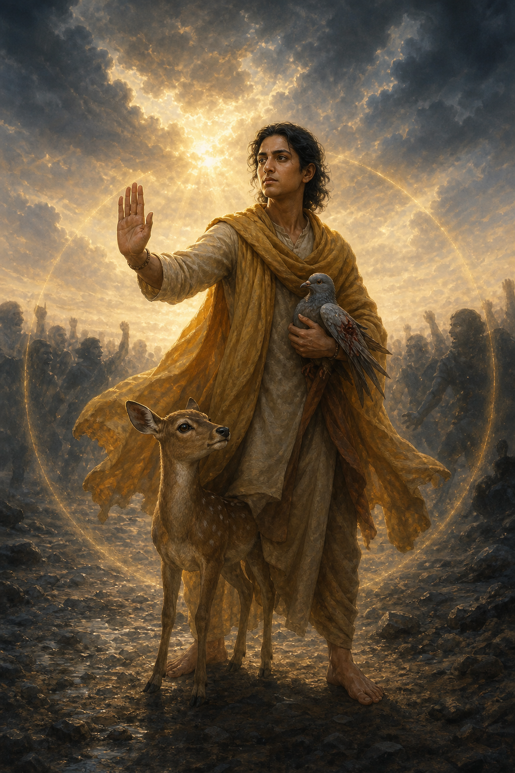 A calm figure shields a deer with one hand while gently holding an injured bird in the other as dawn light emerges behind them.