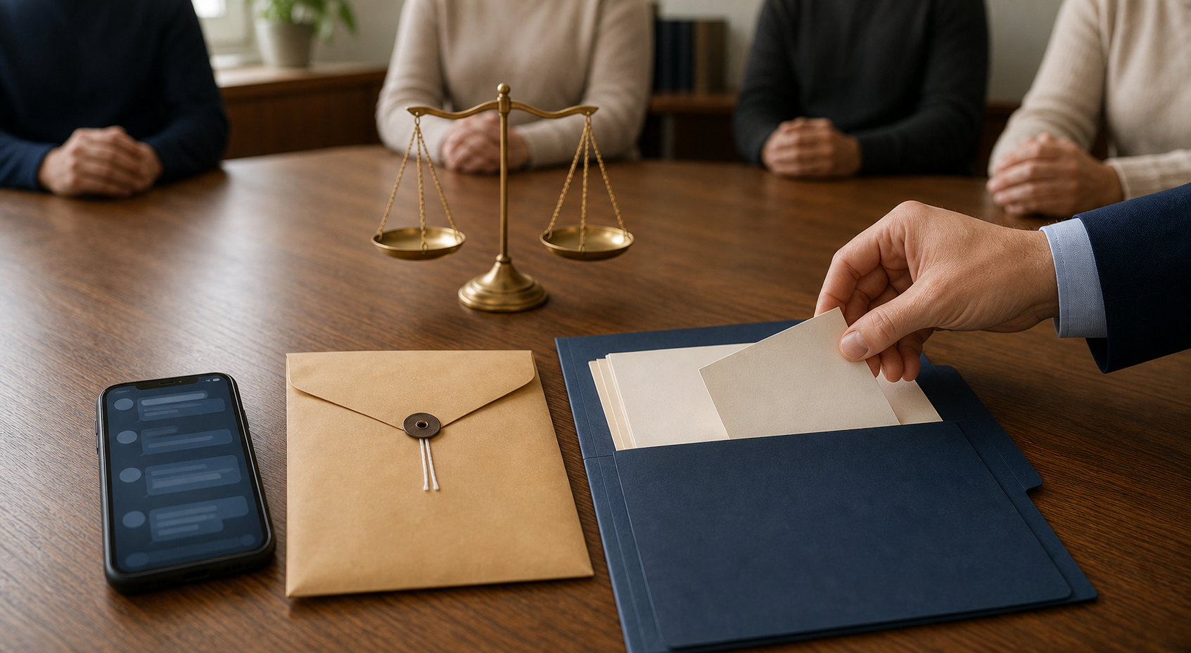 A hand files documented digital evidence beside a smartphone, sealed envelope, folder, and brass balance scale.