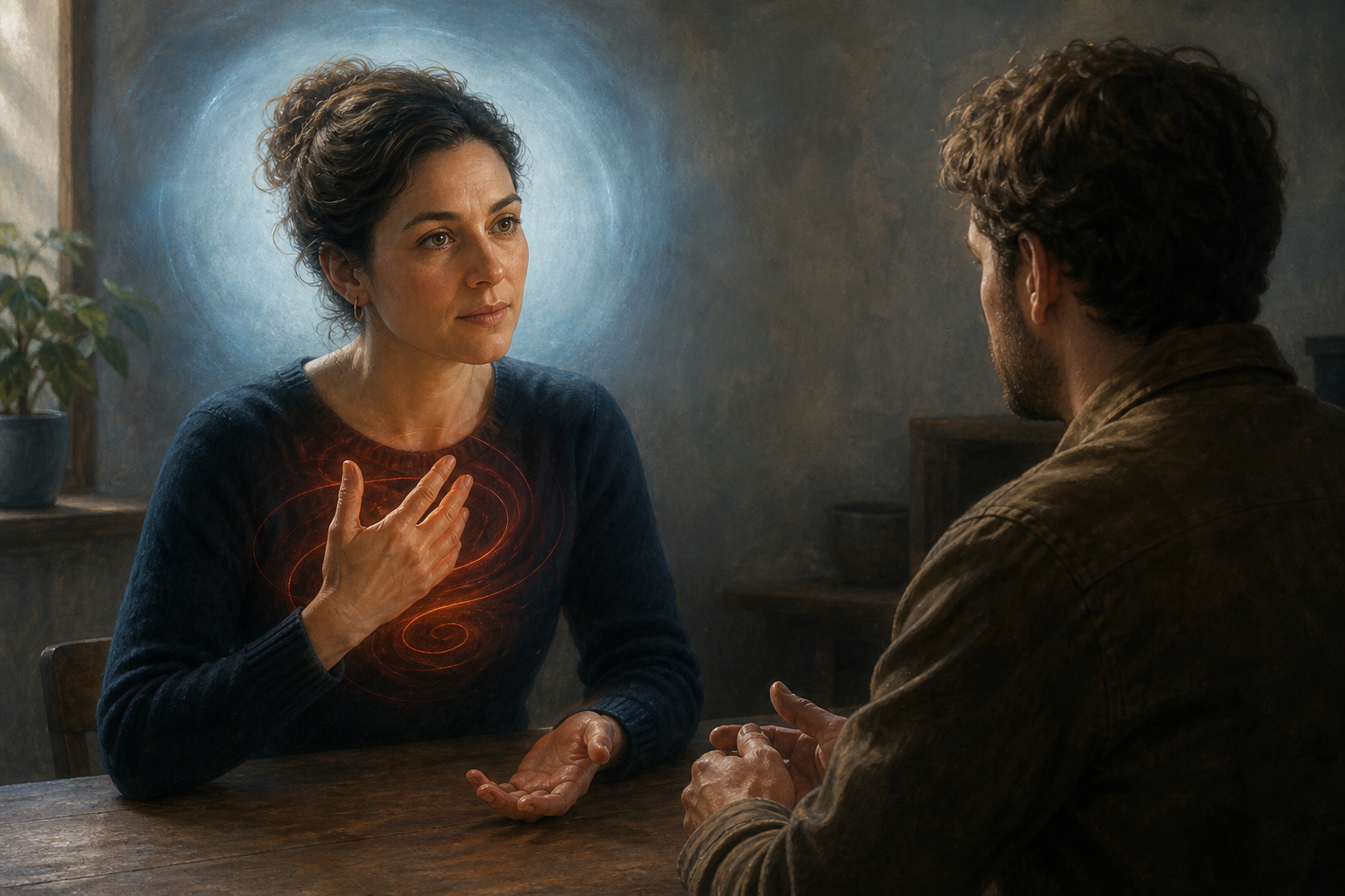 Two adults speak across a table while a red-orange spiral near one person's chest contrasts with calm blue light around their attentive face.