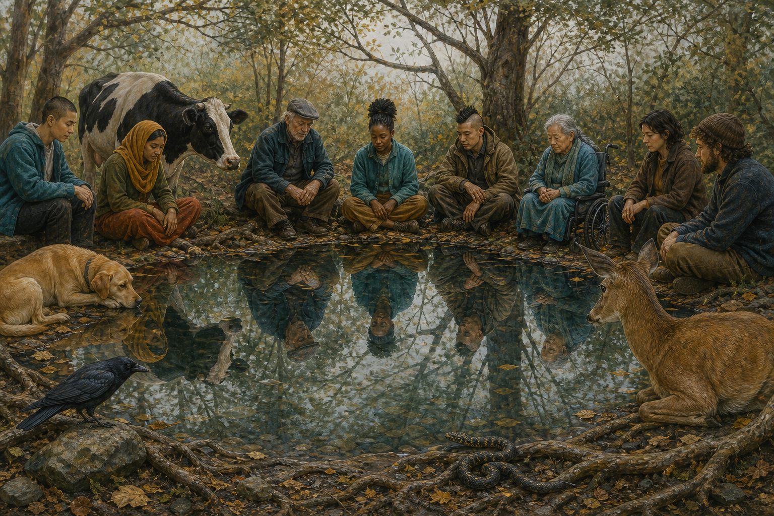 People of different ages sit in a circle beside a woodland pool while a dog, cow, crow, snake, and deer gather nearby and appear in the water's reflection.