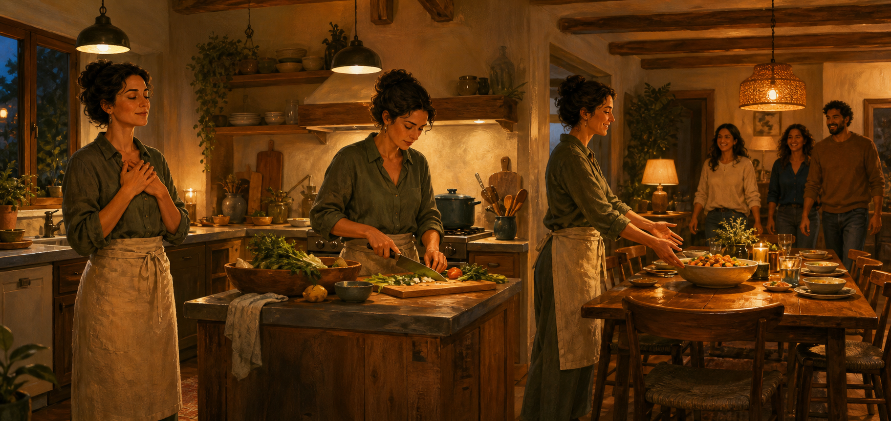 Three connected kitchen scenes show one person pausing before cooking, preparing a meal attentively, and stepping back after serving it.