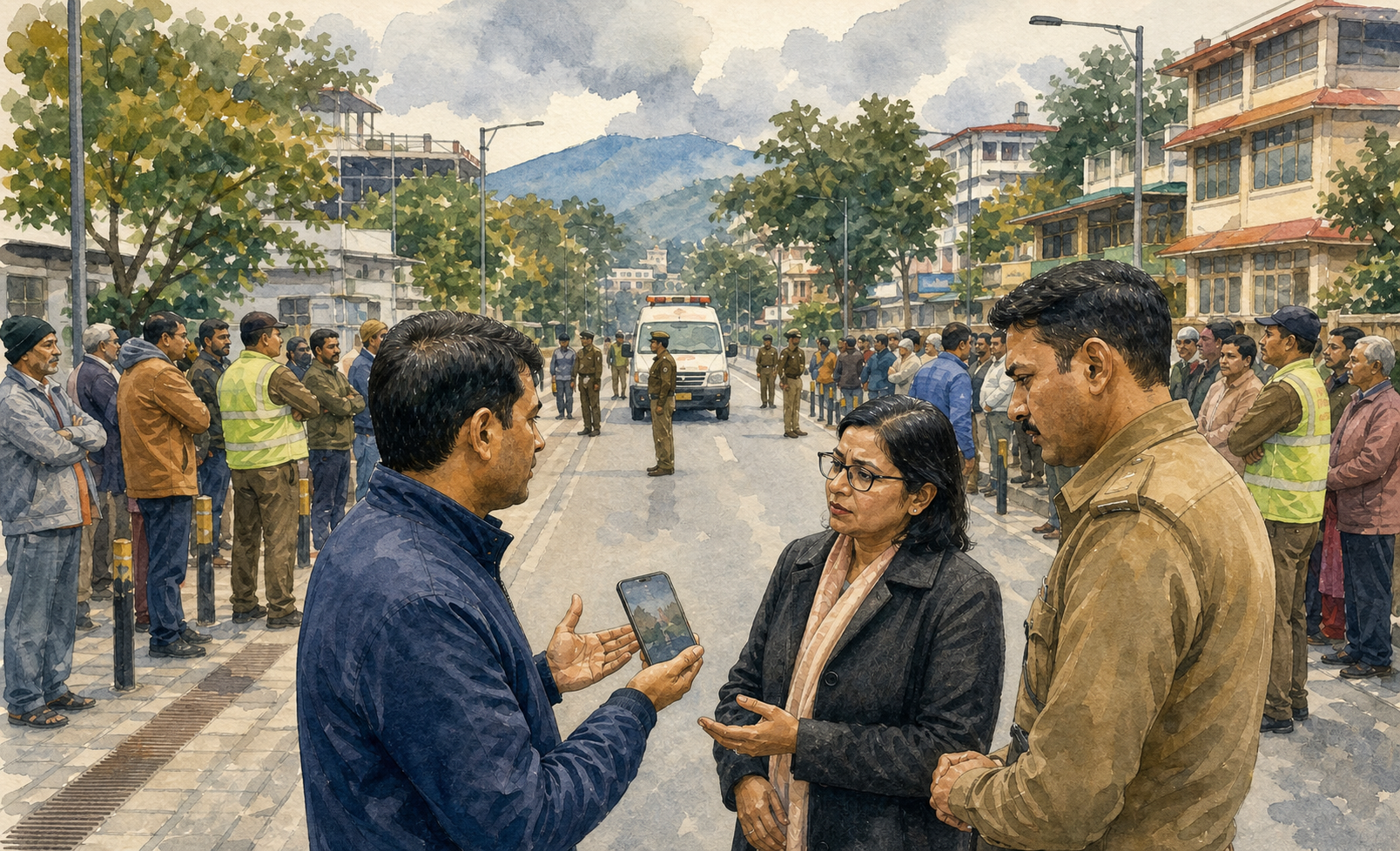 A resident shows evidence to a municipal official and police officer while volunteers keep pedestrians and an emergency lane clear near a gathering.