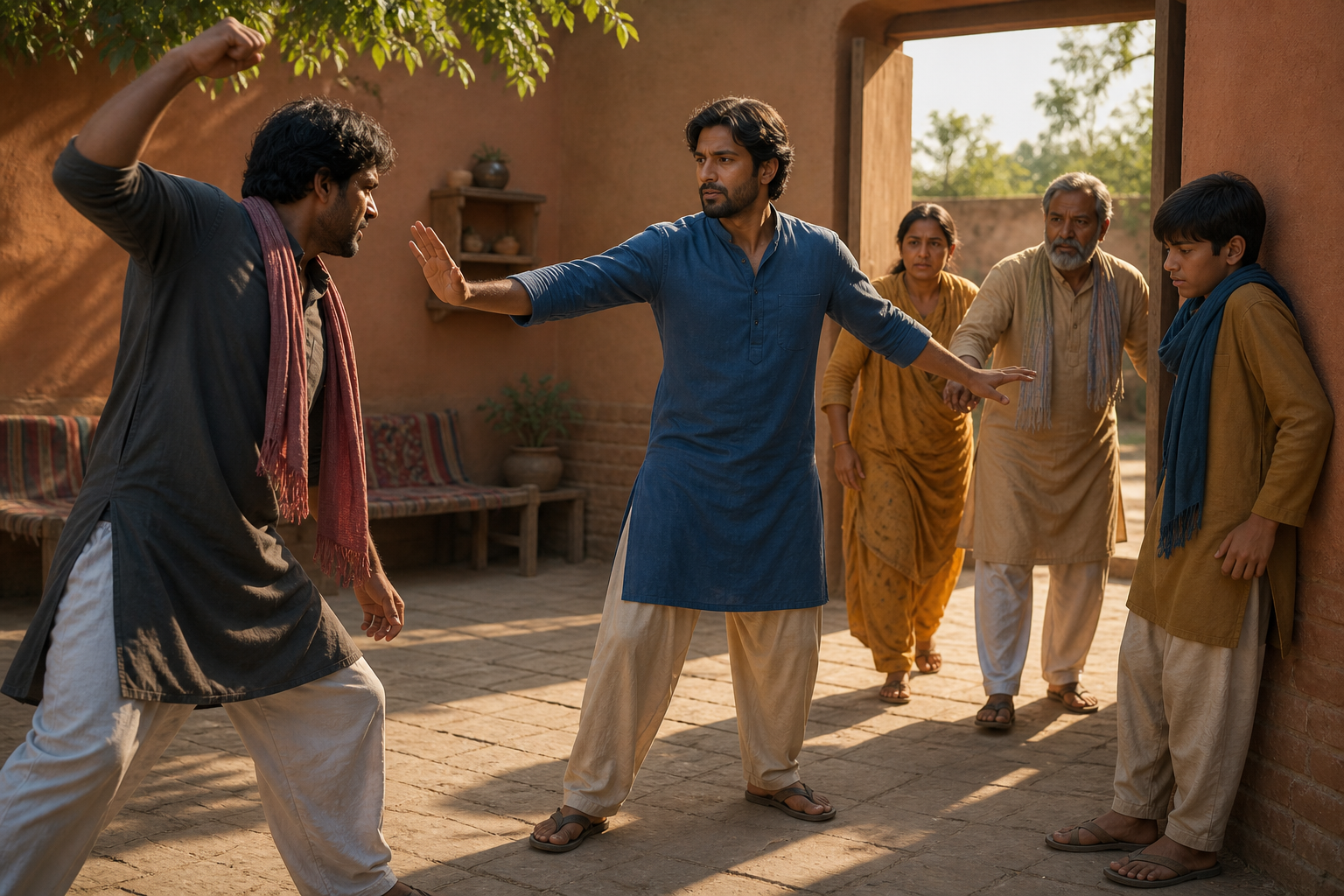 A composed adult blocks an aggressor's path while guiding another person toward an open doorway as two witnesses approach to help.