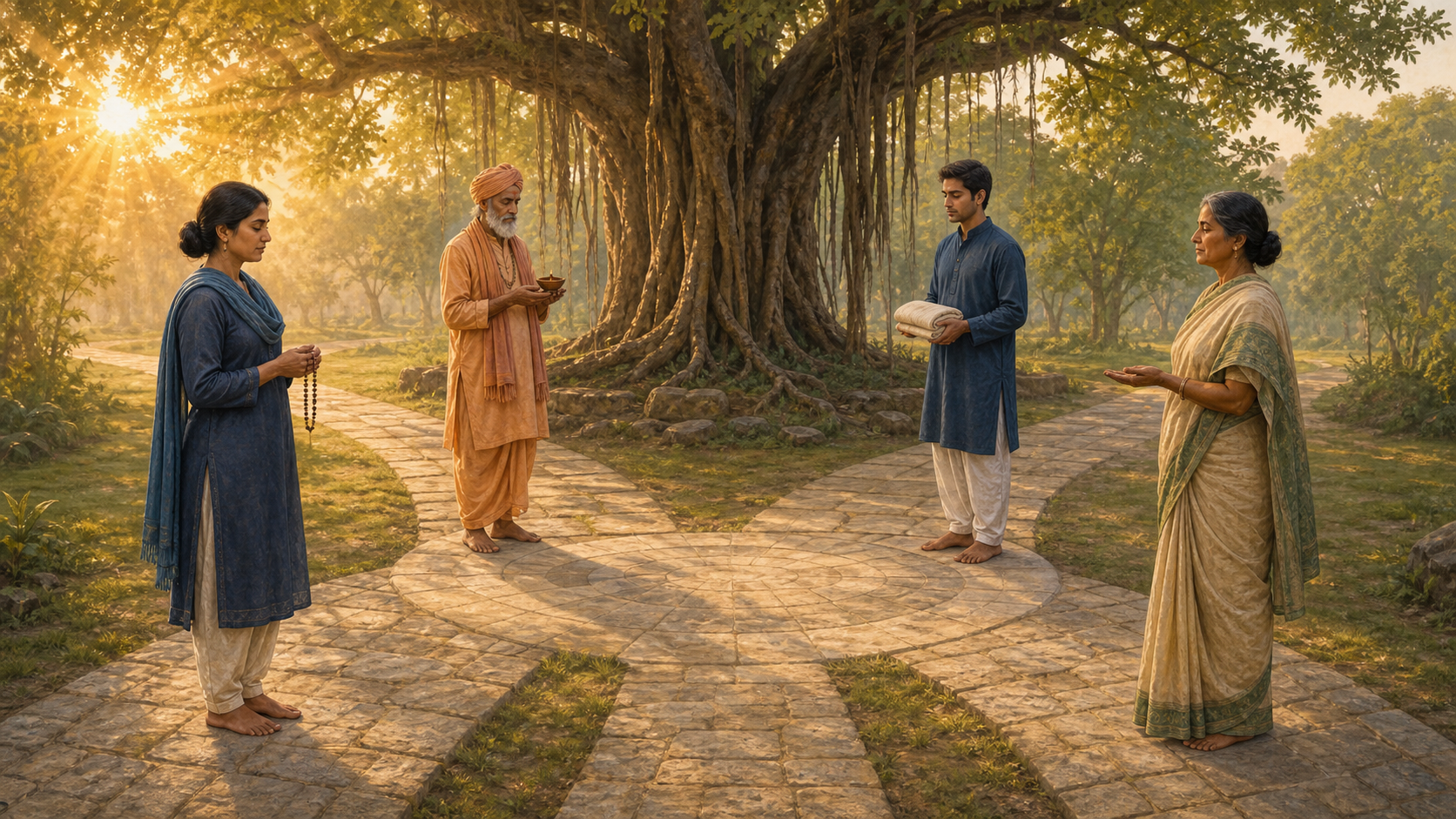 Four South Asian adults stand on separate stone paths that meet beneath a banyan tree, each holding a different object of contemplation.