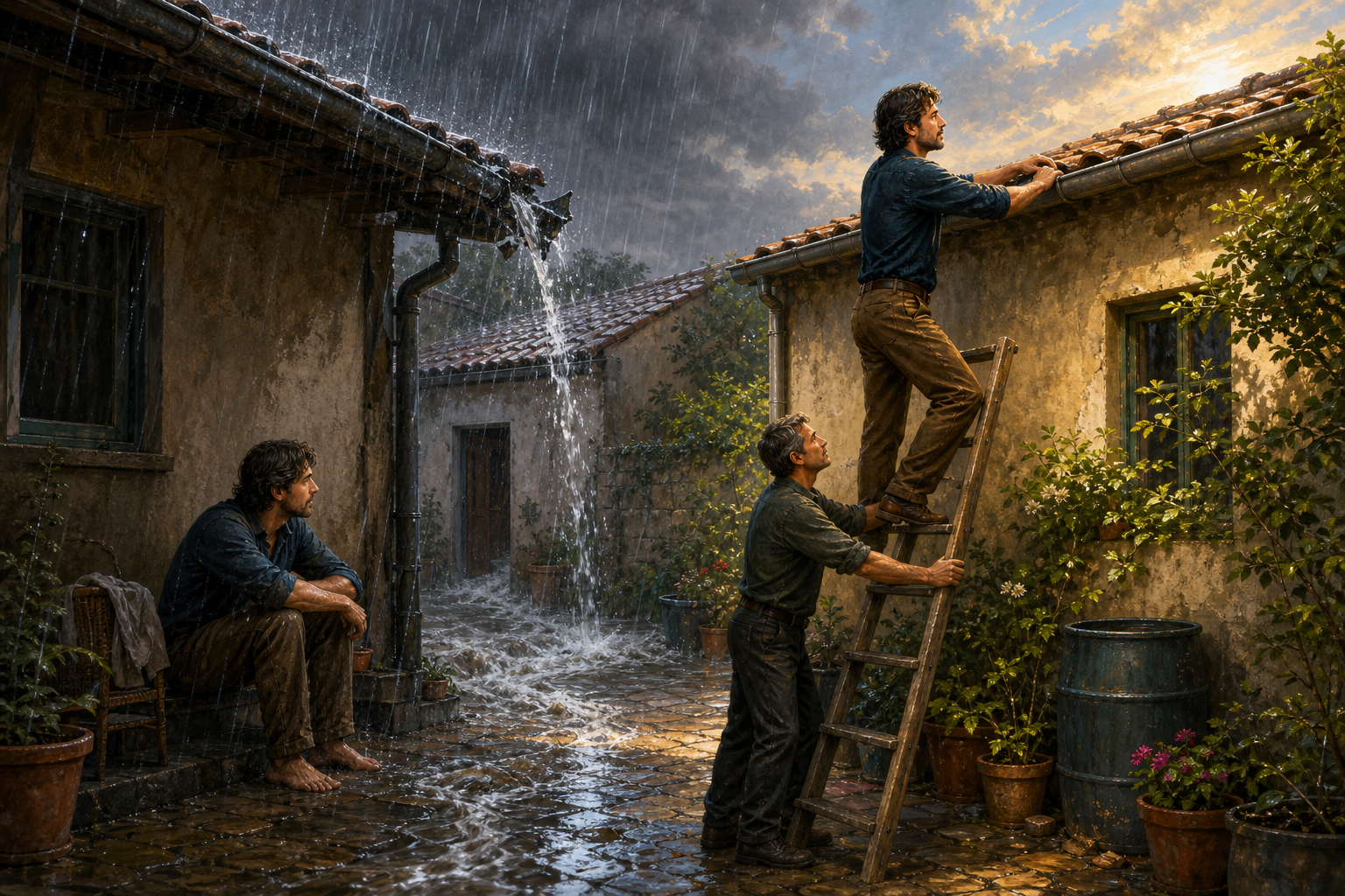 A rain-soaked courtyard contrasts a person sitting beside a broken gutter with the same person calmly repairing it while someone steadies the ladder.