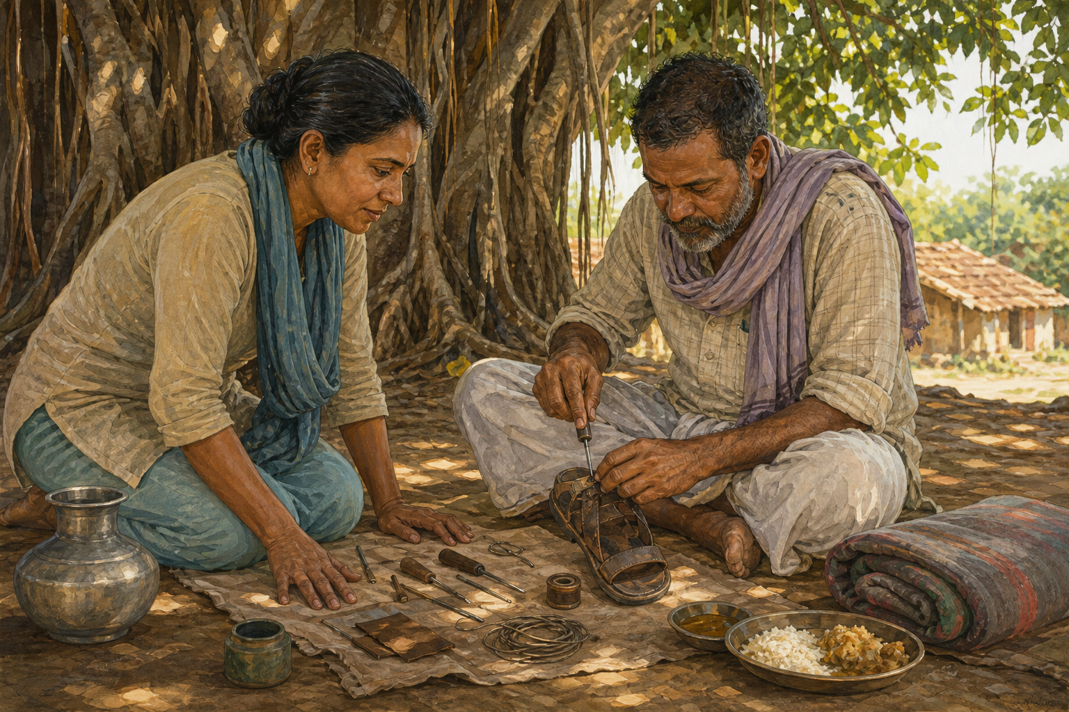 Two adults repair a broken sandal together beneath a banyan tree, with tools, water, food, and a folded blanket placed nearby.