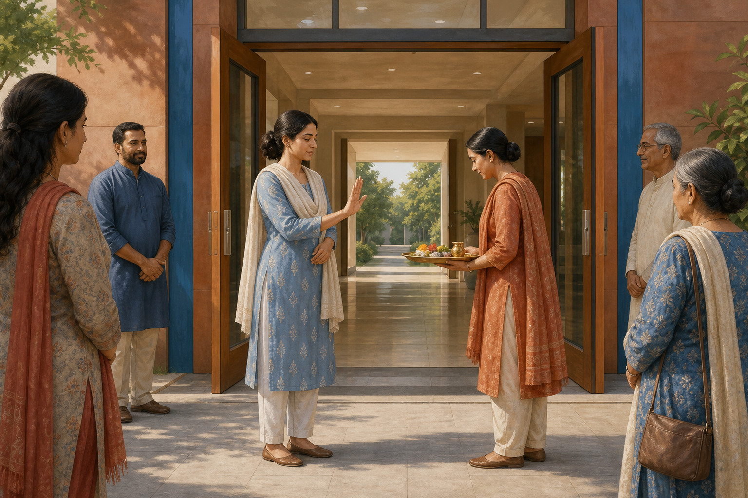 A woman respectfully declines a ceremonial tray while the person offering it steps aside and leaves the community hall doorway open.