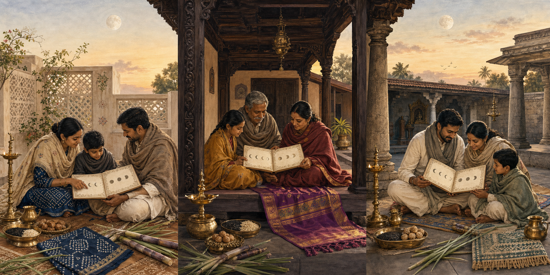 Three regional Indian courtyard scenes share the same winter sky as families consult traditional almanac folios with moon symbols.
