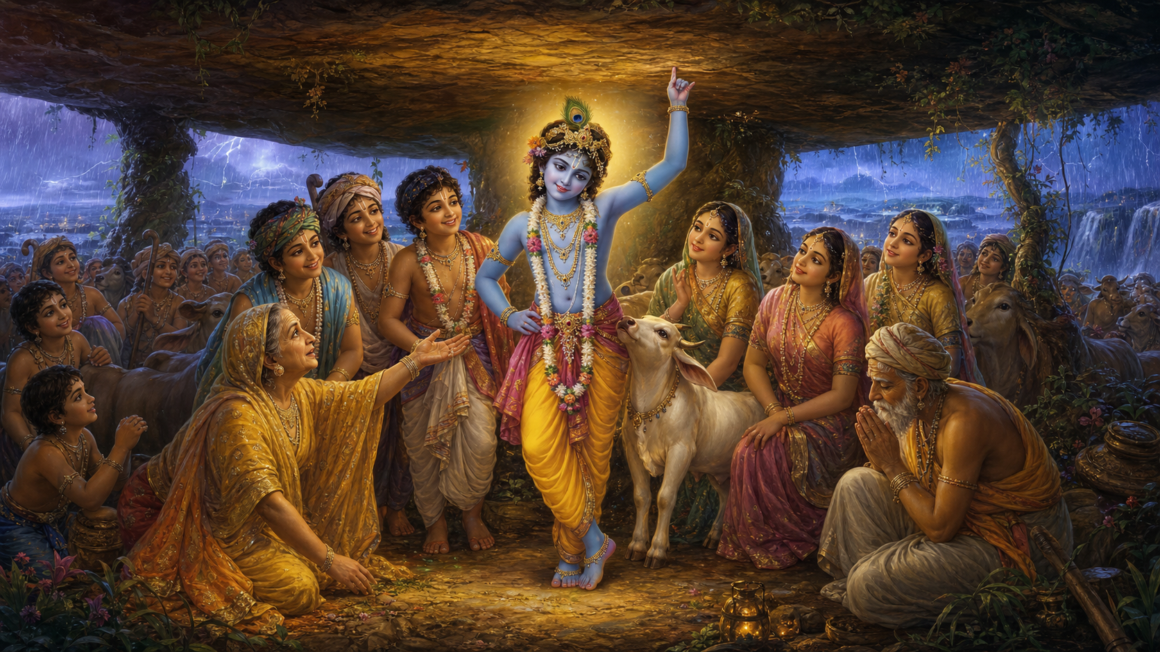 Different groups beneath Govardhan Hill look toward Krishna with parental concern, friendship, affection, reverence, and trust while he holds the hill above them.