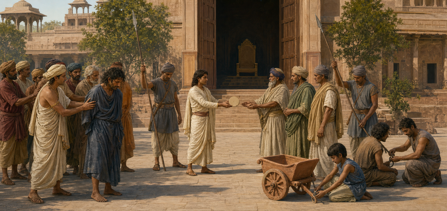 In an ancient public square, a modest new ruler returns a seal to judges and citizens as prisoners are unbound, guards lower their spears, and a child repairs a clay cart.