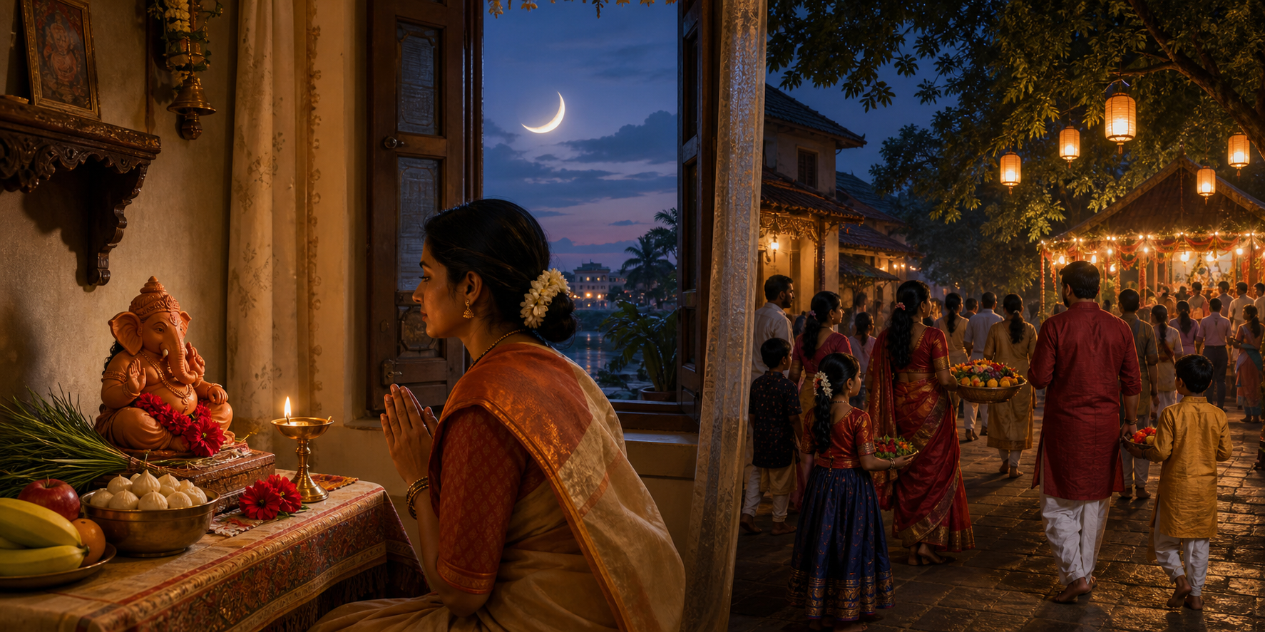 A small home shrine for Ganesha opens onto a moonlit view and a neighborhood festival gathering with families carrying flowers and food.