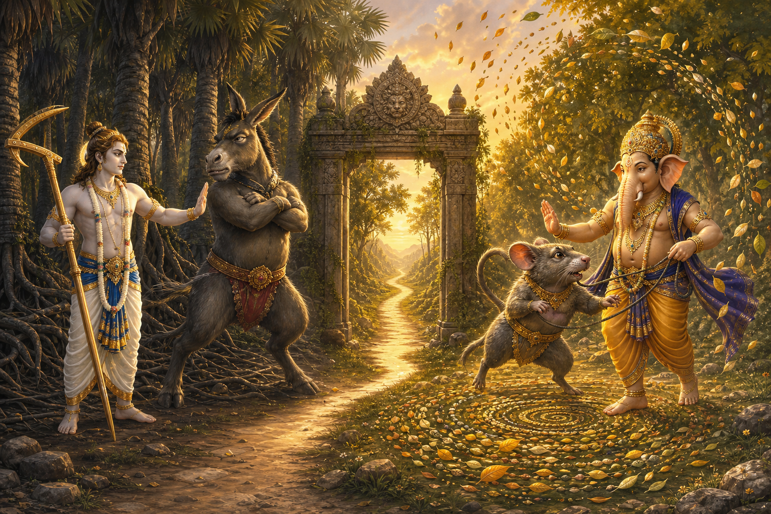 Balarama confronts a donkey-shaped asura blocking a palm grove while Ganesha calms a giant mouse-like asura on the other side of a divided forest path.
