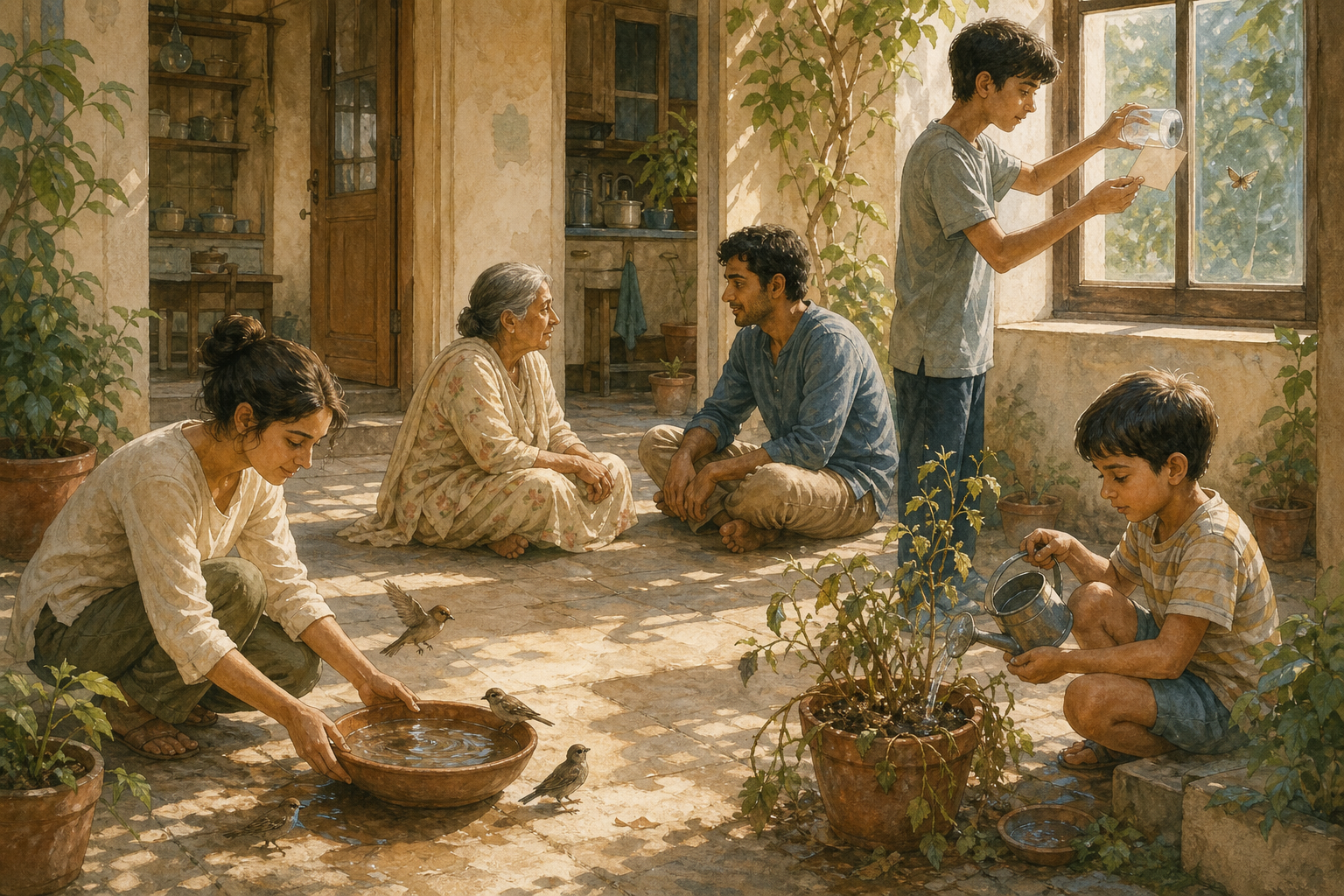 People in a sunlit courtyard give water to birds, listen to an older neighbor, release a moth from a window, and water a plant.