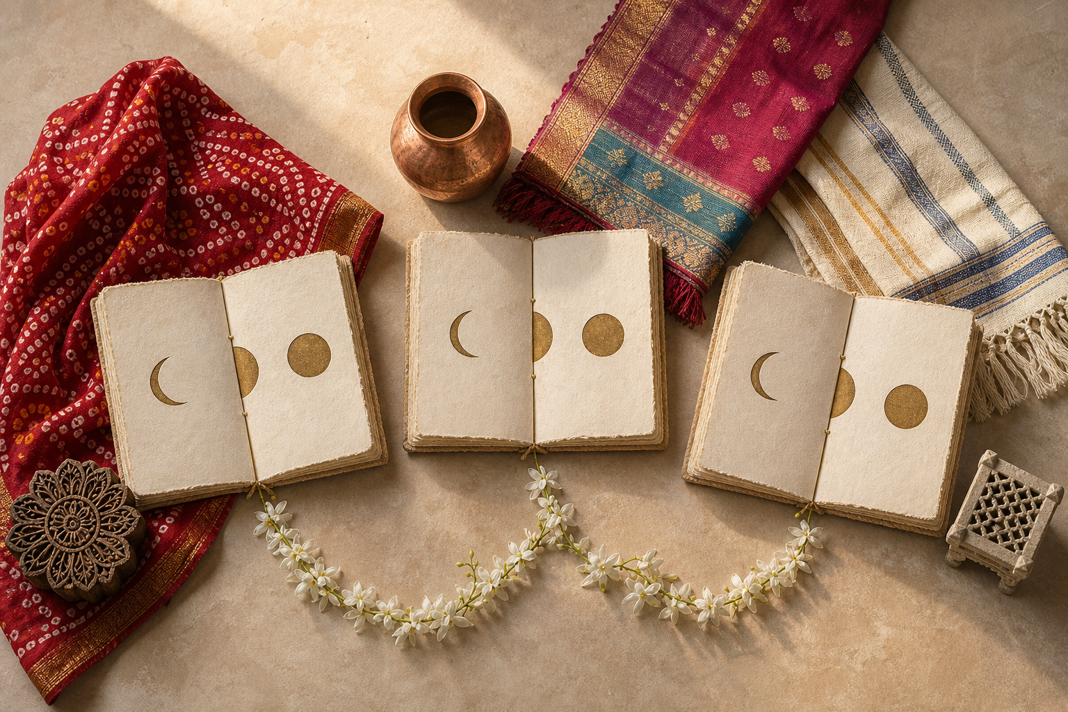 Three text-free almanac folios with matching moon phases are arranged beside Gujarati, Maharashtrian, and Karnataka craft elements.