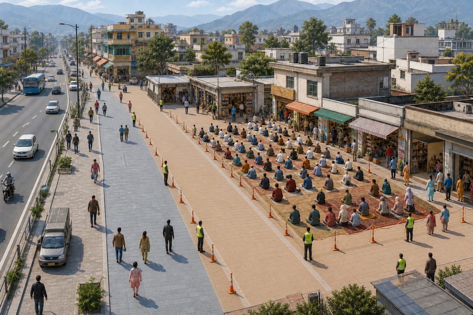 A high-angle view shows a bounded prayer area, volunteer stewards, clear shop entrances, an open sidewalk and an unobstructed emergency lane.