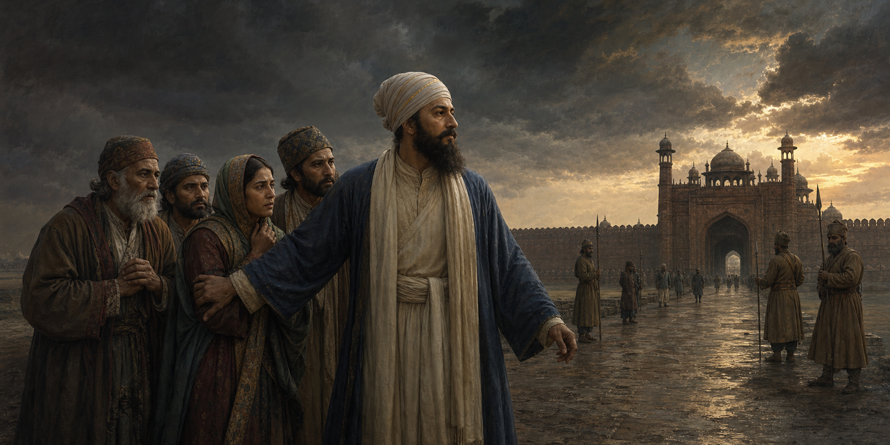 A historical illustration shows Guru Tegh Bahadur standing beside Kashmiri petitioners and facing officials near an imperial gateway.