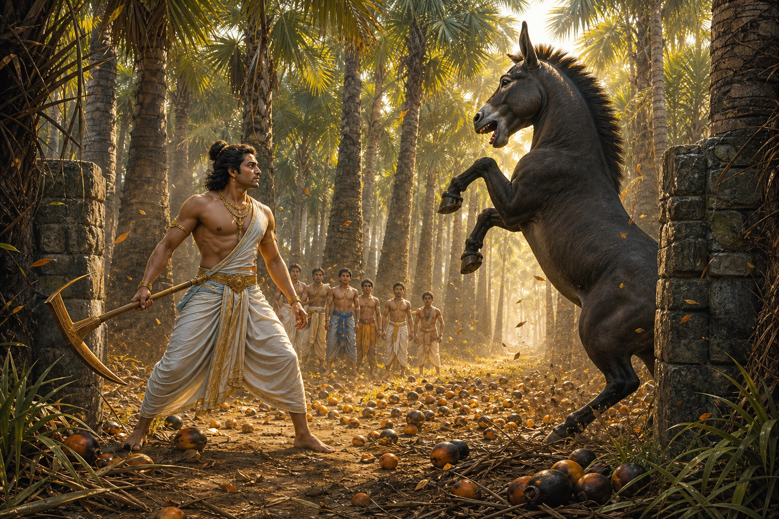 Balarama faces the donkey-shaped Dhenukasura at the blocked entrance to a sunlit grove of tall palmyra trees.