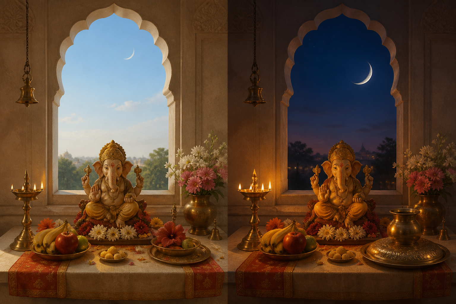 Two adjacent Ganesha worship settings show a daylight waxing moon and an evening waning moon with a covered meal and water vessel.