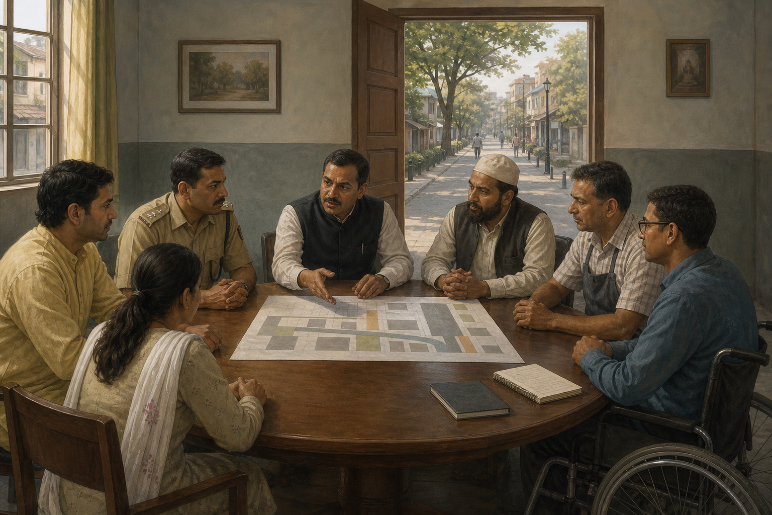 Community representatives, a magistrate, police, a resident, a shopkeeper and an accessibility advocate discuss street access around a municipal table.