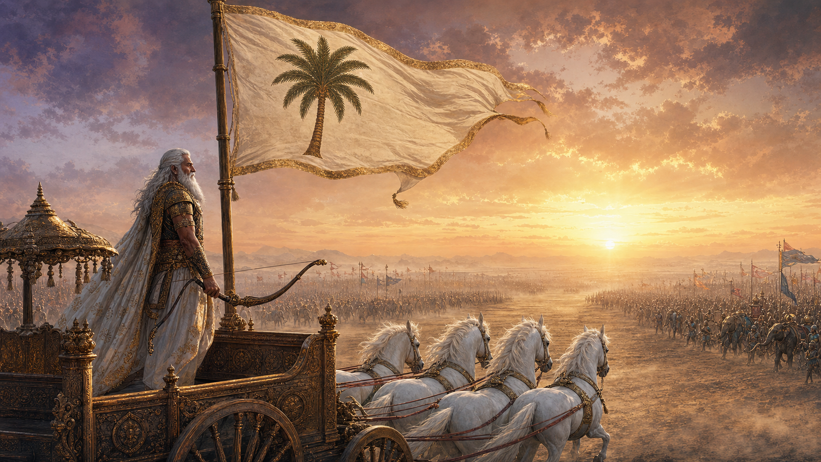 Bhishma stands in a chariot beneath a windblown banner marked with a palm tree as two armies gather on a dusty plain at dawn.