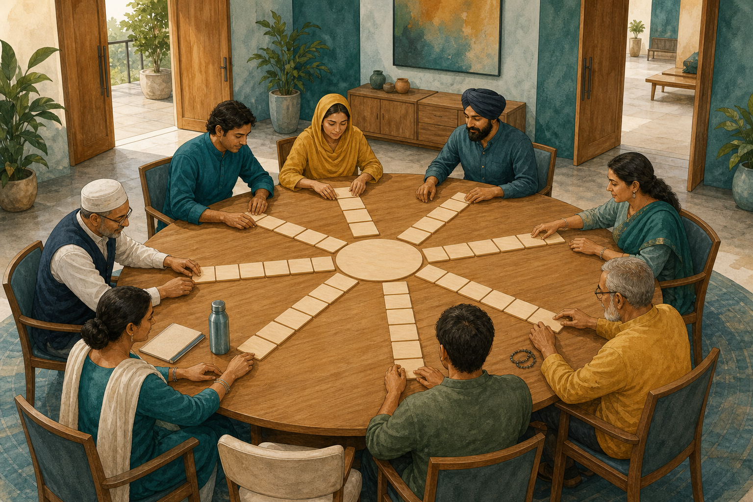 Community members arrange blank wooden tiles into several accessible paths around a circular table with an empty chair nearby.