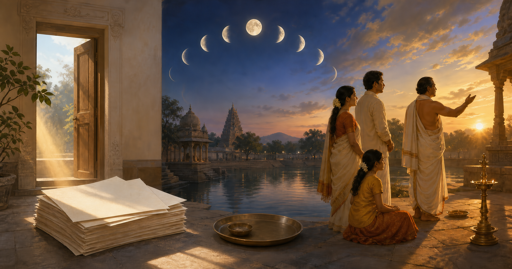 Three connected scenes represent a civil day, a lunar phase-based observance, and the timing of a family ceremony.