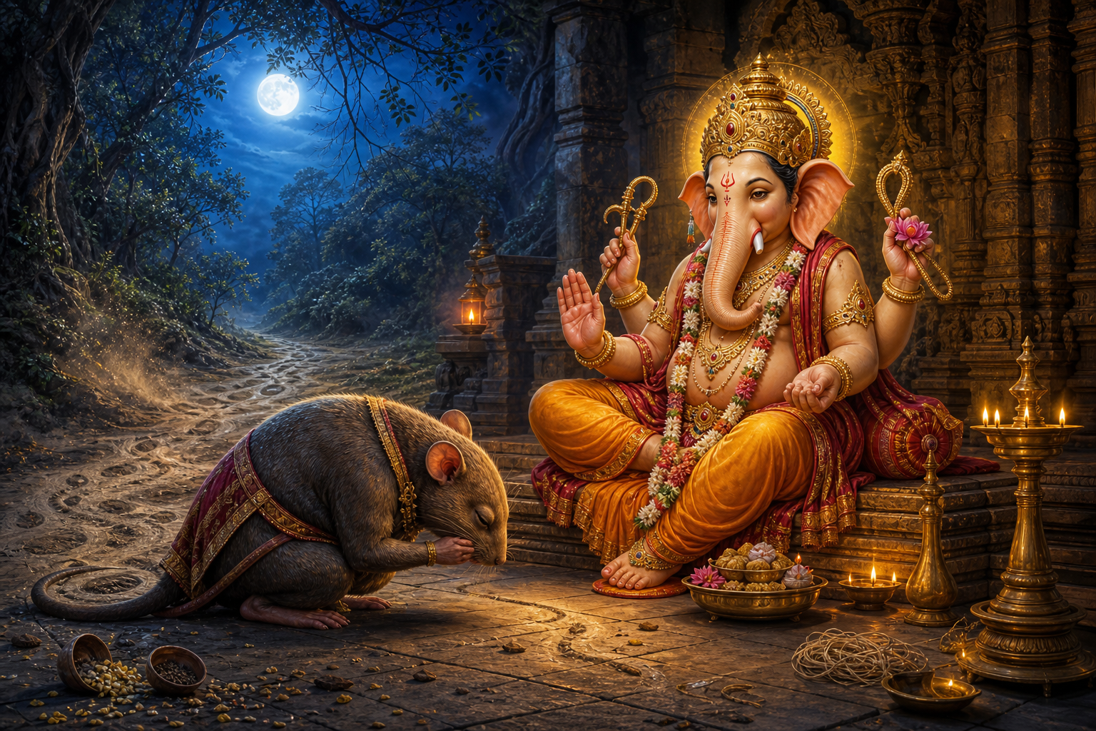 Ganesha calmly raises one hand as a giant mouse-like Mushikasura bows before him in a moonlit temple courtyard.