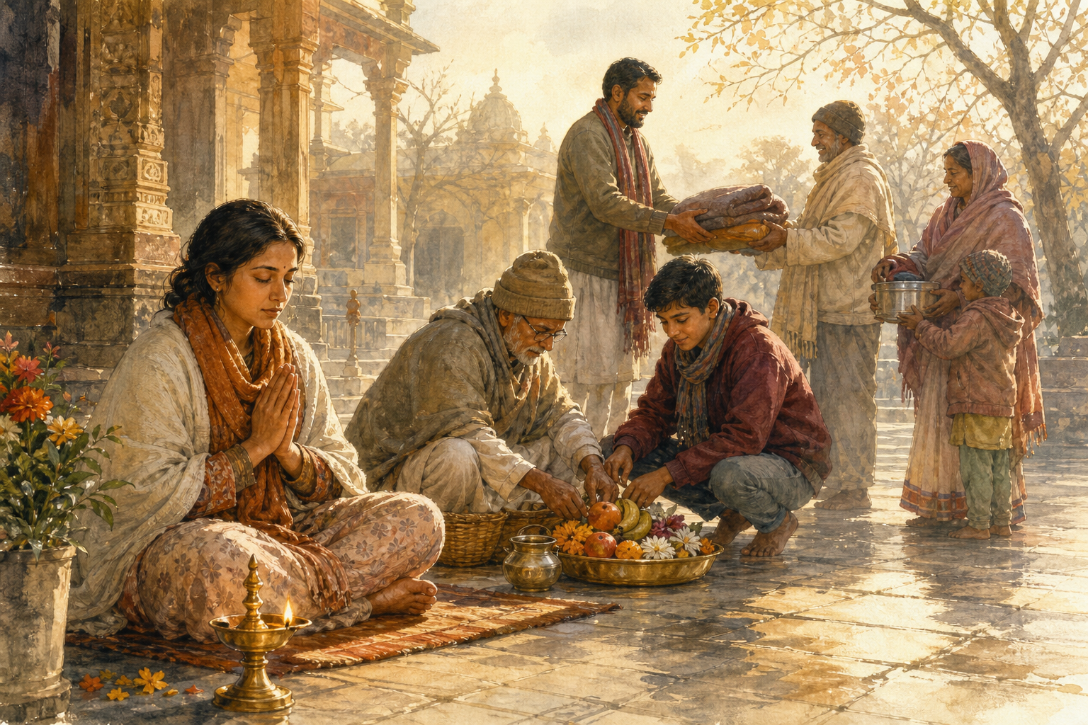 A multigenerational family prays, prepares a simple offering, and distributes blankets and food on a winter morning.
