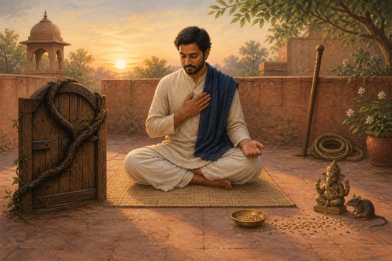 A seated practitioner reflects at dawn before a vine-covered miniature gate and a trail of seeds leading to a calm mouse beside a Ganesha figurine.