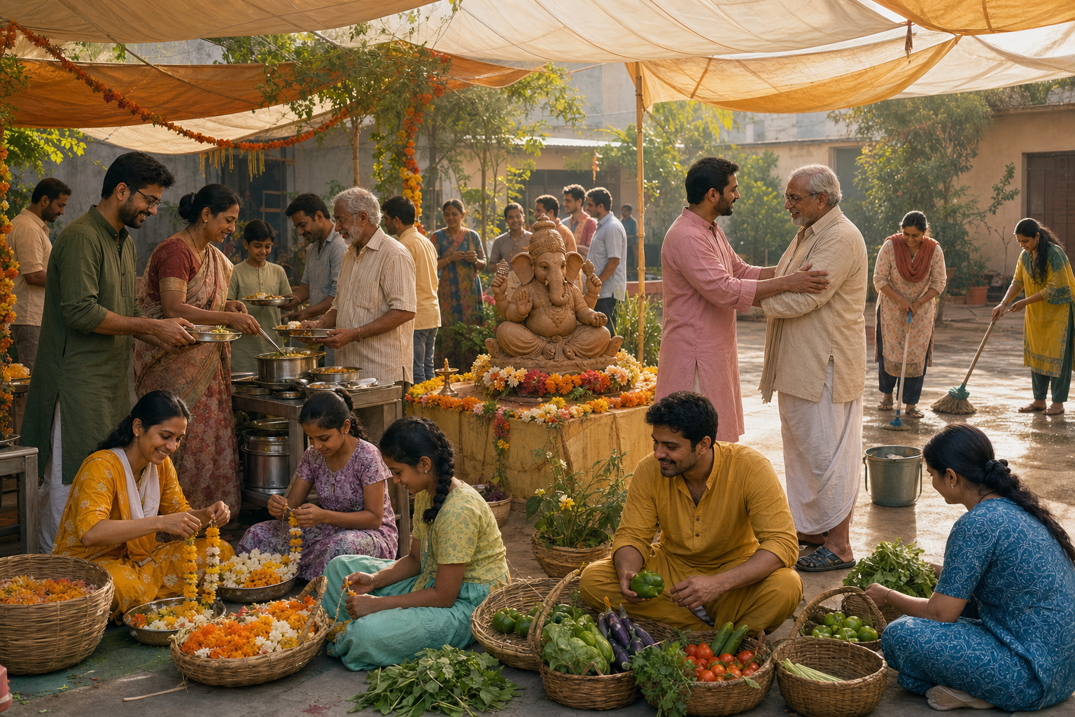 Families gather around a clay Ganesha murti while volunteers serve meals, arrange donated produce, make garlands, and help neighbors.