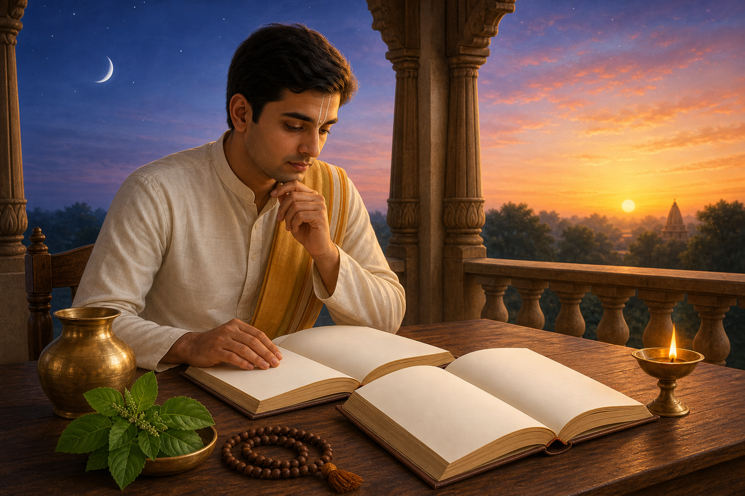 A devotee compares two open unmarked almanacs beside tulsi leaves, prayer beads, a brass vessel, and an oil lamp at sunrise.