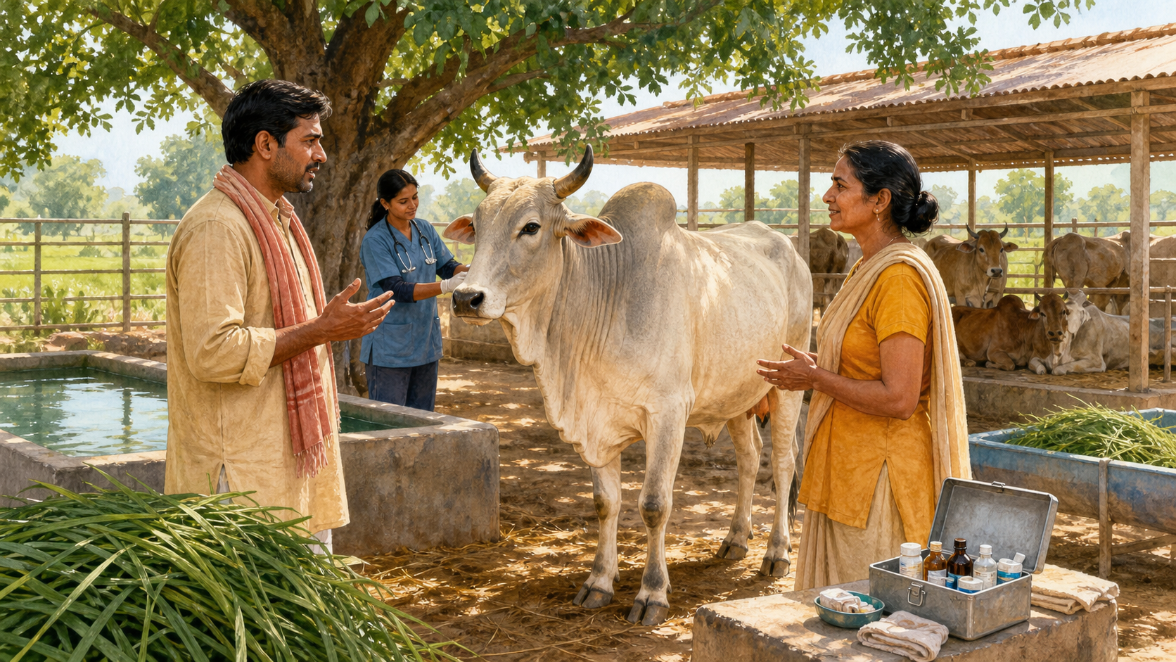 A healthy humped cow stands at a shaded shelter with water and fodder while a giver, a caretaker, and a veterinary worker assess its care.