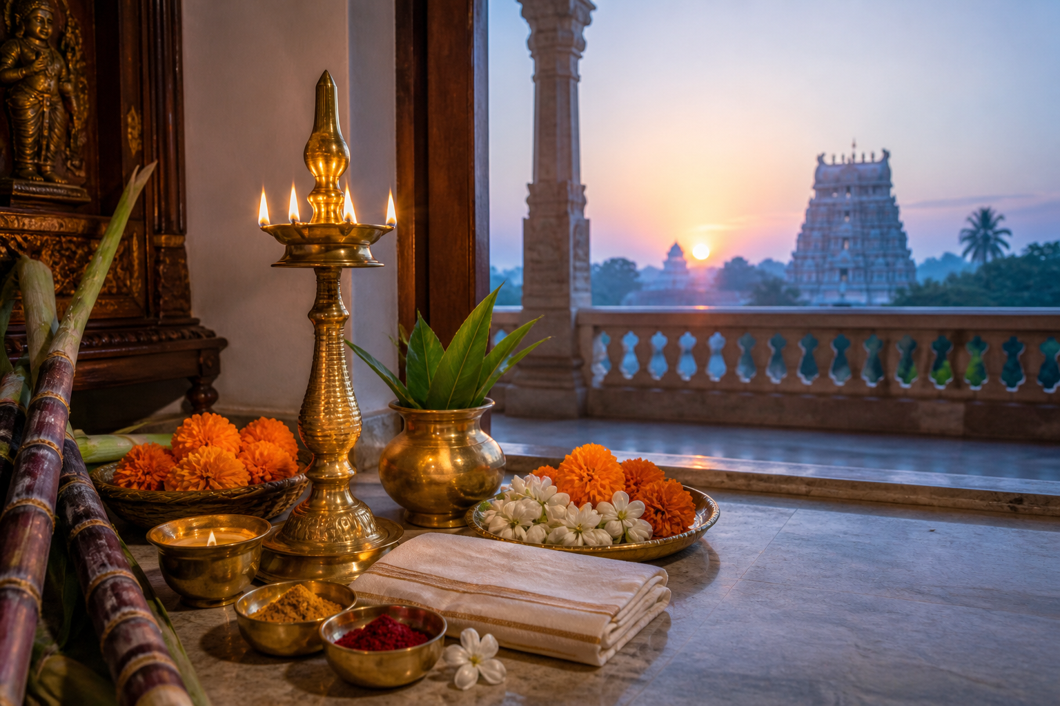 A brass oil lamp, kalash, flowers and prayer offerings in a Telugu home at winter dawn, with a temple tower visible in the distance.