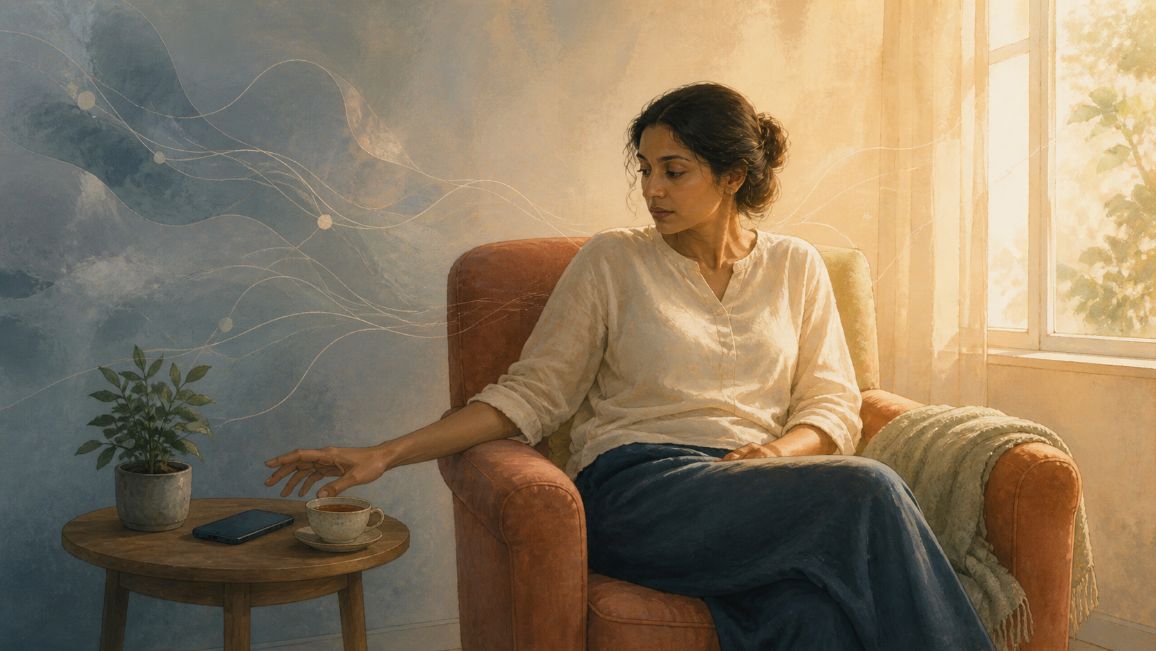 A seated adult remains slightly tense beside a face-down phone while warm window light fills a quiet room.