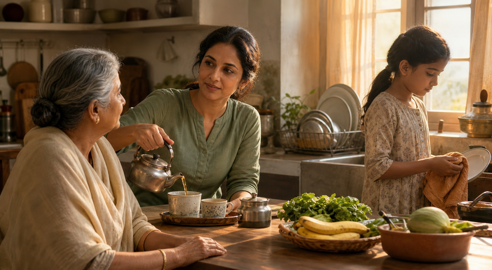 A person prepares tea while listening attentively to an older relative in a family kitchen as a child helps nearby.