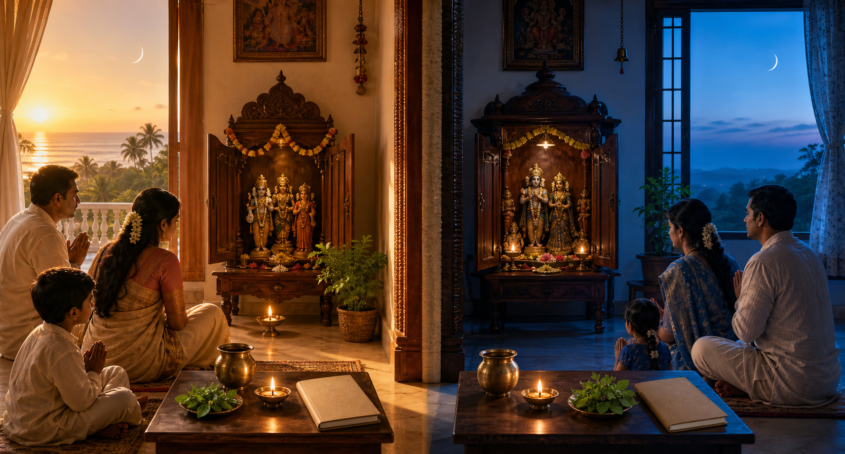 Two Hindu household shrines in different locations are shown under different local dawn light, with the same slender moon visible in both skies.