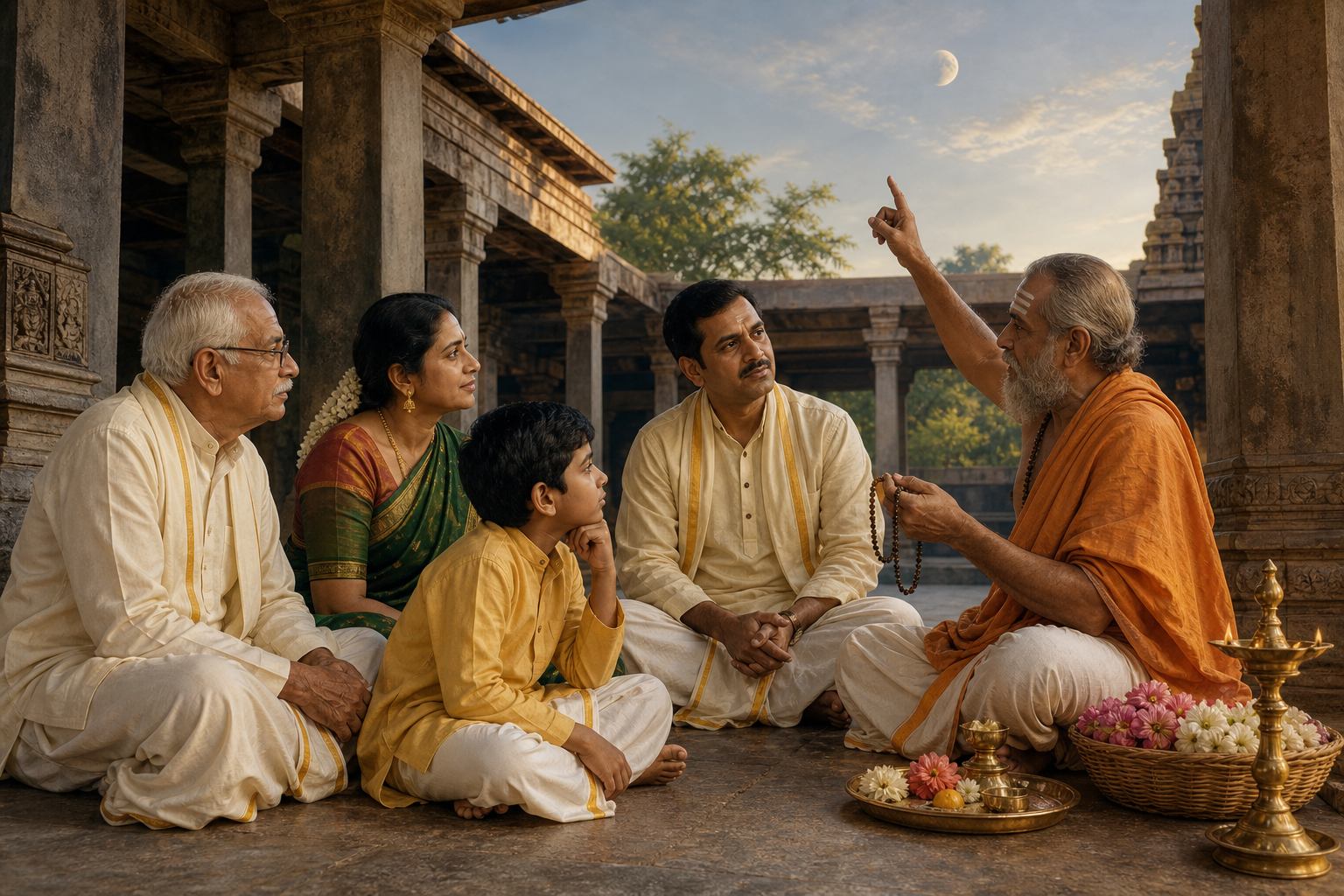 A Telugu family consults a temple priest in a stone courtyard while a brass lamp and flower offerings rest nearby.