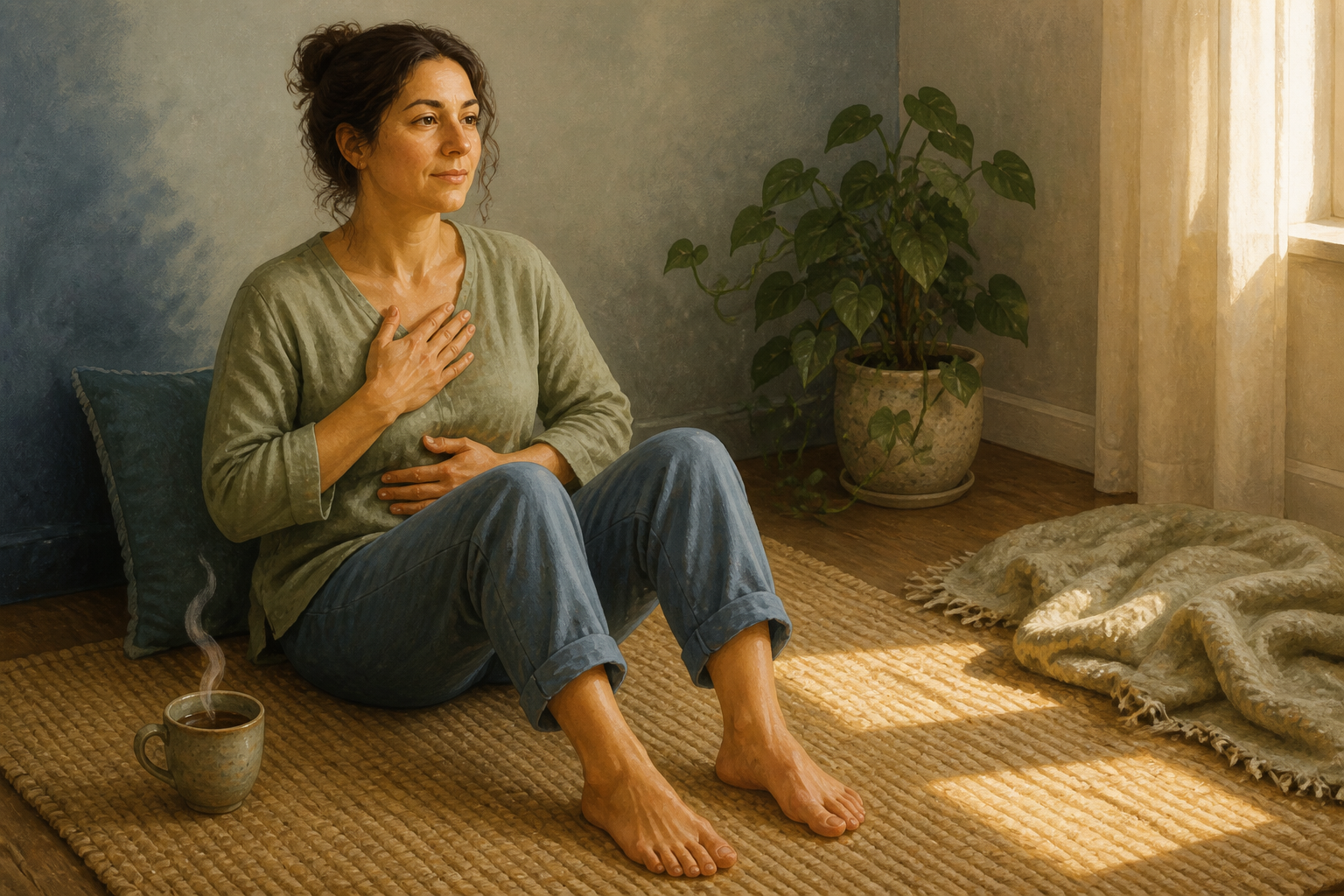 An adult sits with both feet on a rug and hands on their chest and ribs during a brief grounding pause.